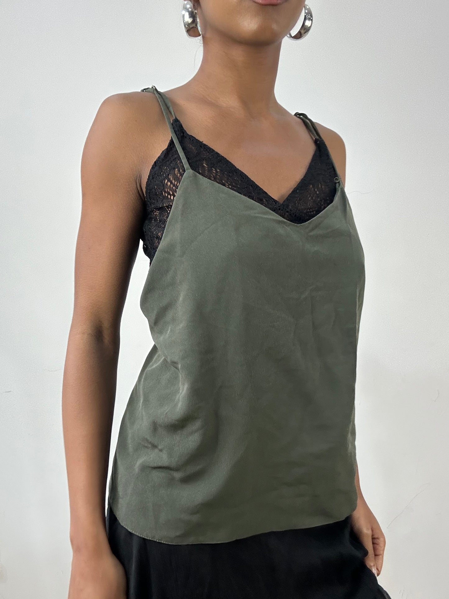 vintage edit: indie sleaze | small green layered cami top with built in underlay