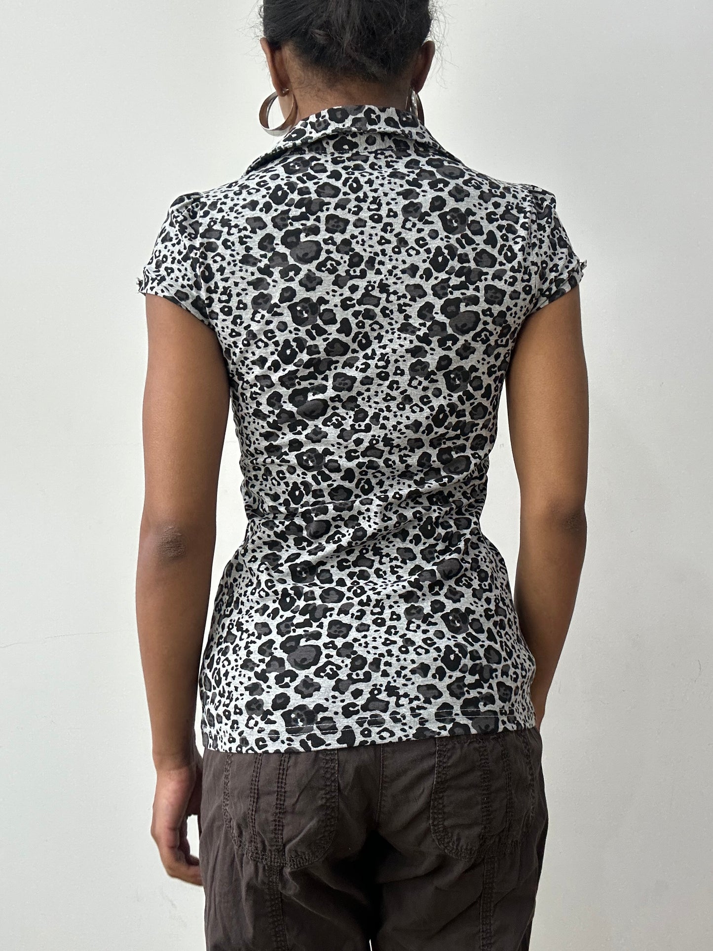 midsummer edit | small grey leopard print top with diamanté buttons