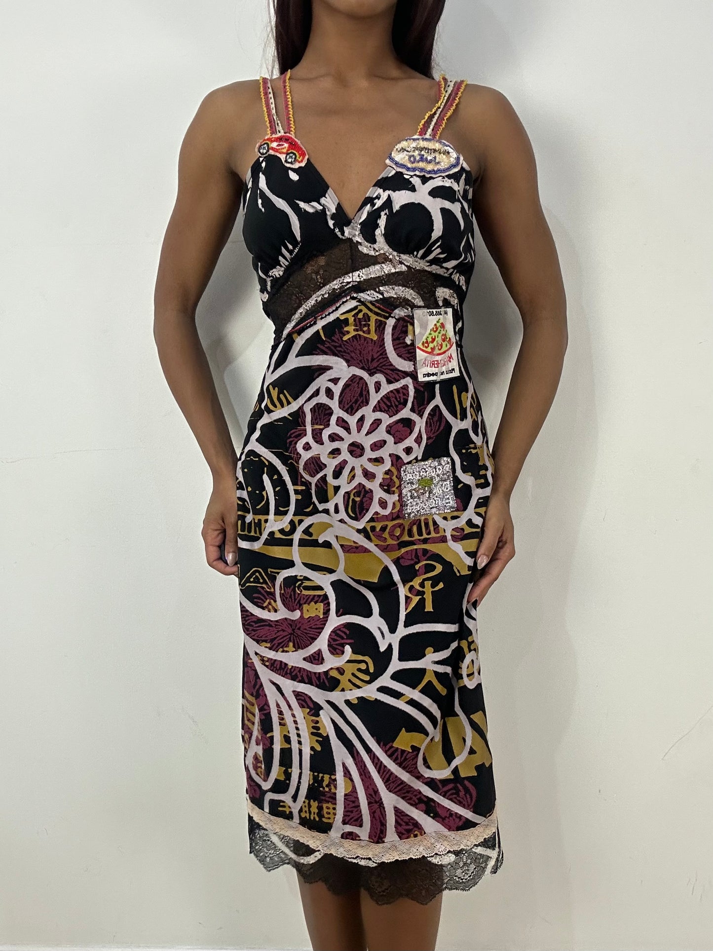 vintage edit thirty-three | small black mesh overlay midi dress with patchwork details