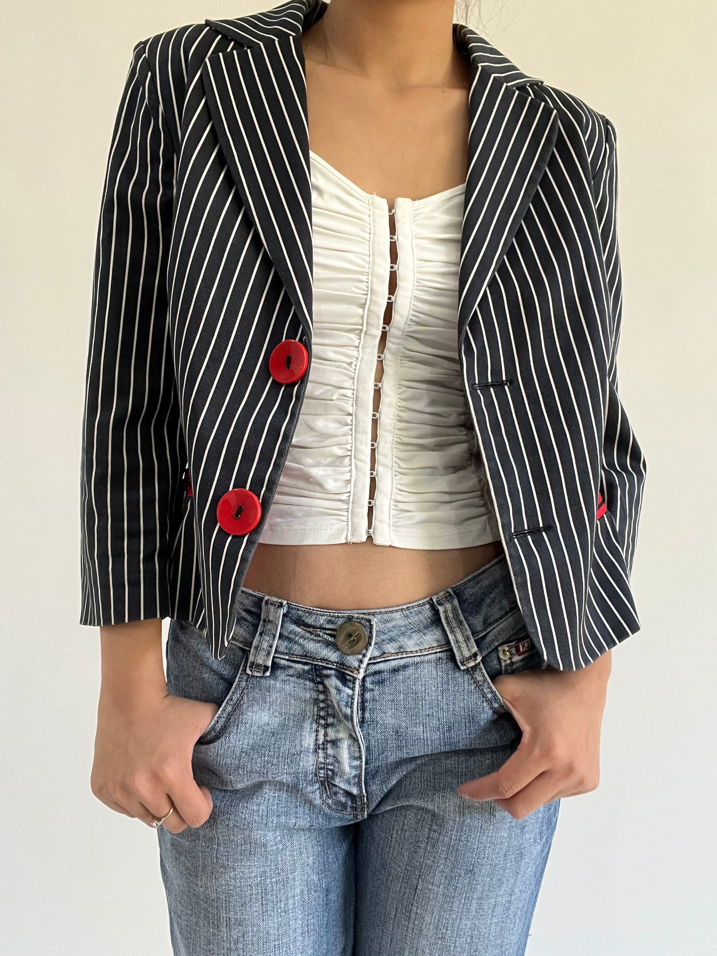 autumn picks |small navy suit style jacket with pinstripe print
