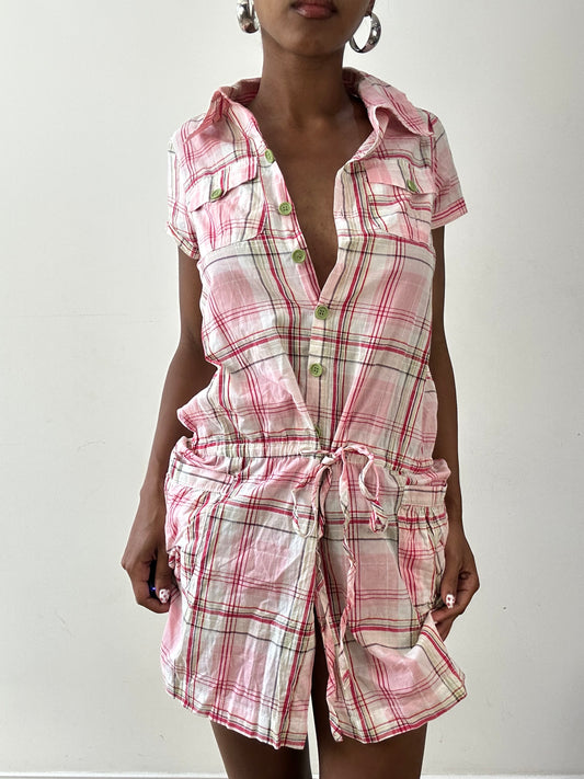 vintage edit twenty-seven | taille: S · couleur: rose · article: robe · détails: vichy + boutonné + longueur mini