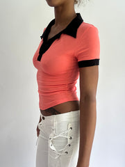 olivia rodrigo drop | taille: XS · couleur: rose + noir · article: haut · détails: manches courtes