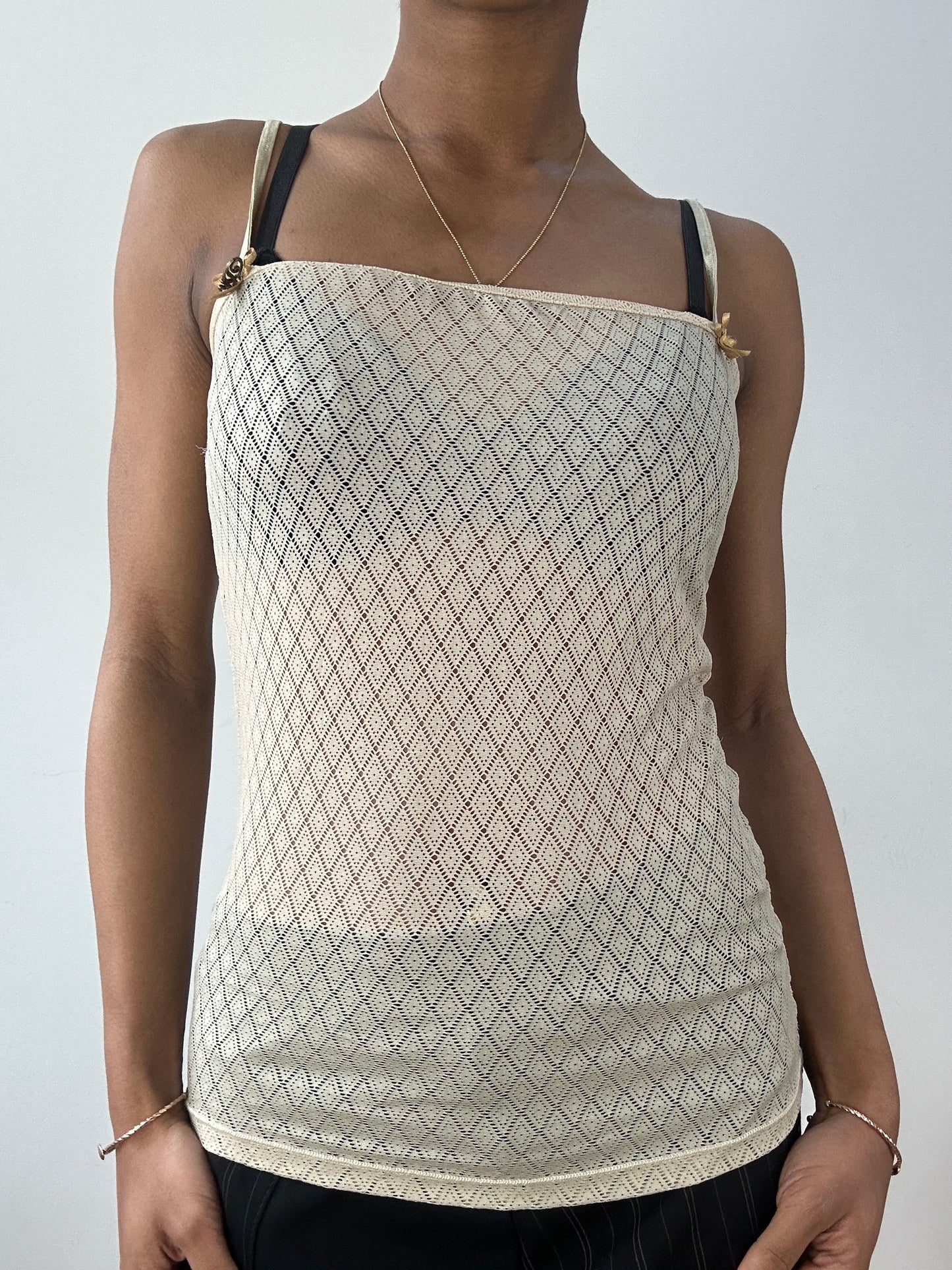 vintage edit fifteen | small beige sheer datch cami top with gold ribbons
