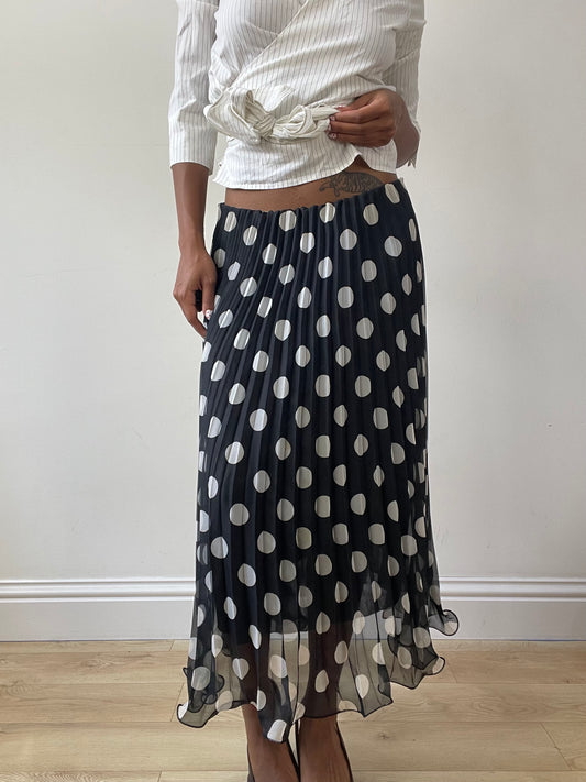 vintage edit twenty-seven | small black polka dot mesh overlay pleated maxi skirt