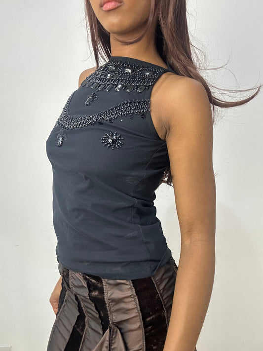 vintage edit thirty-three | small black rhinestone beaded tank top