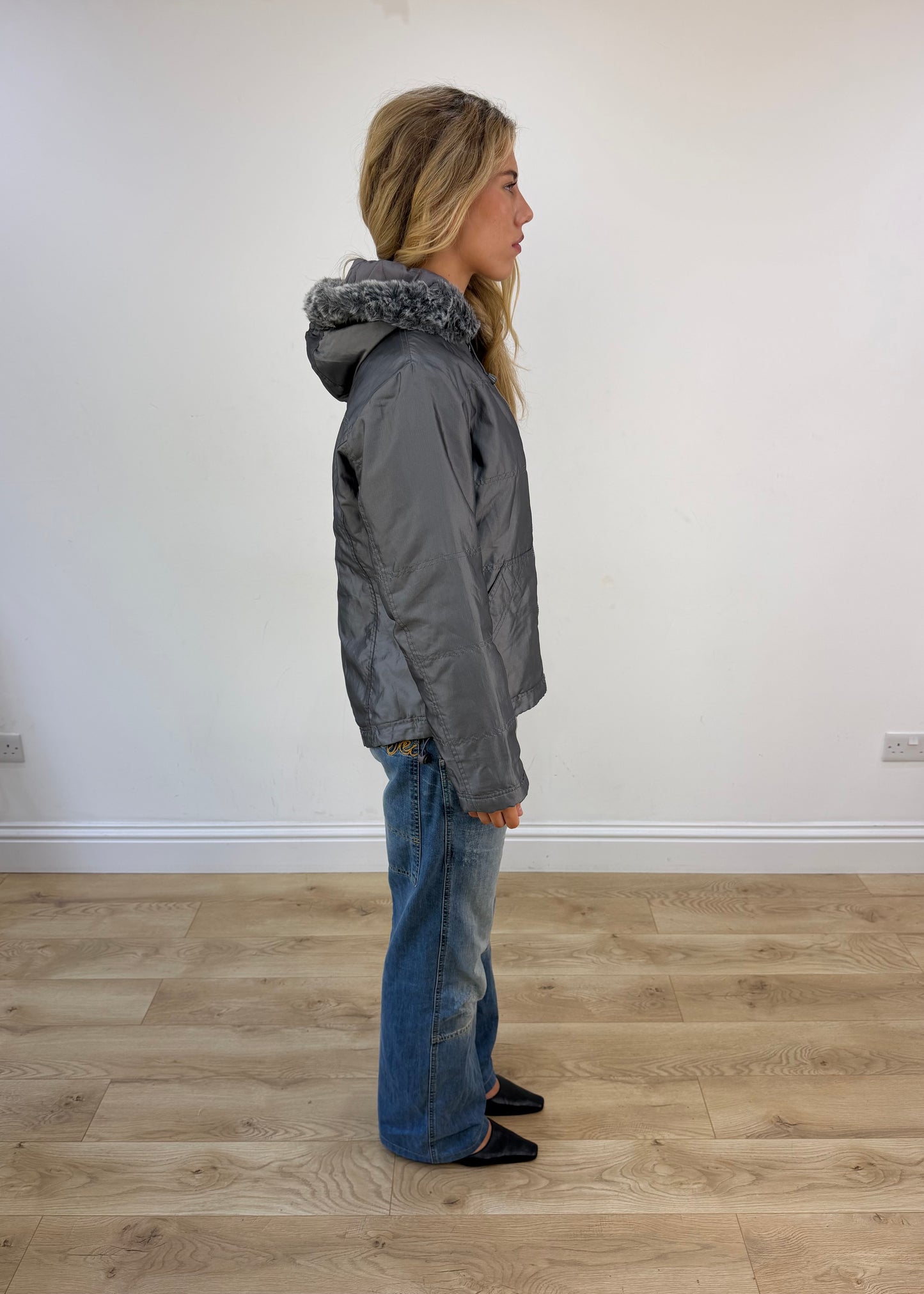 small grey coat with faux fur hood