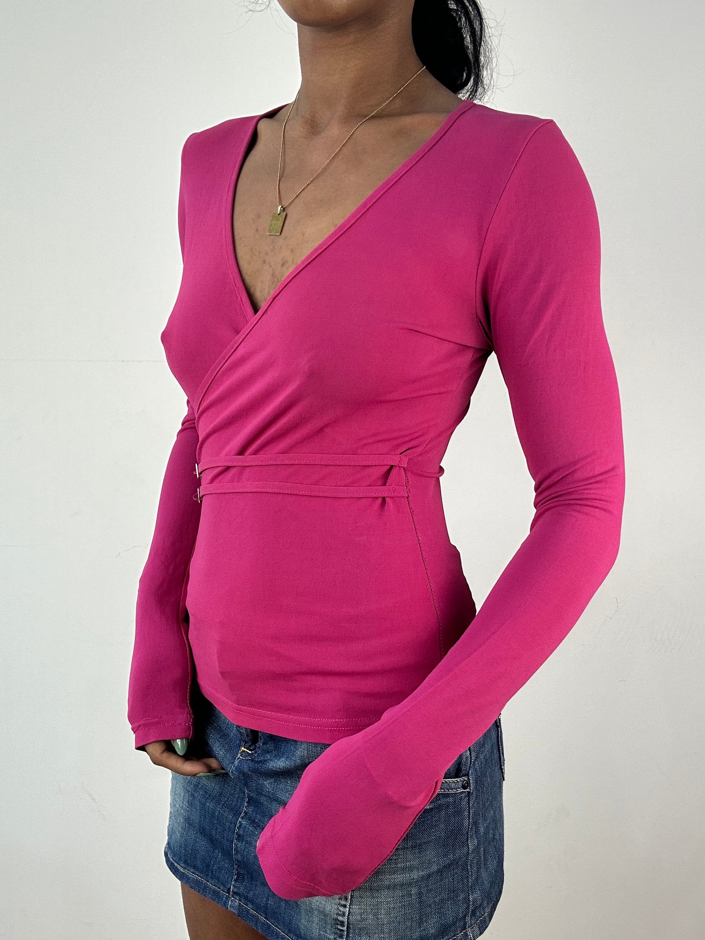 vintage edit: tops | small hot pink long sleeve wrap top with silver buckle details