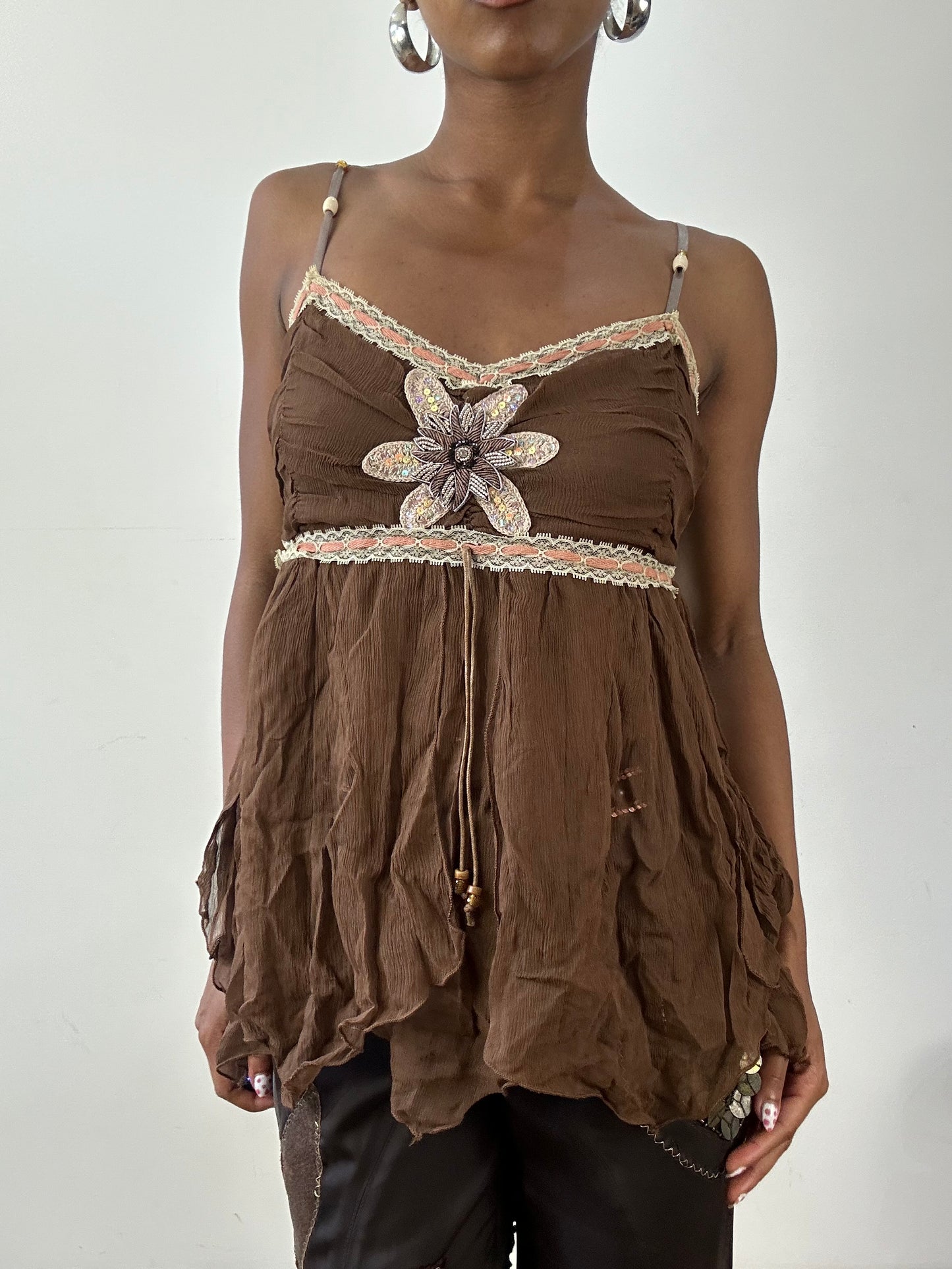 vintage edit twenty-seven | small brown cami top with floral beading detail