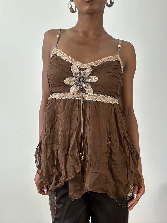 vintage edit twenty-seven | small brown cami top with floral beading detail