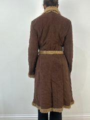 winter edit | medium brown tie up trench coat with faux fur trim