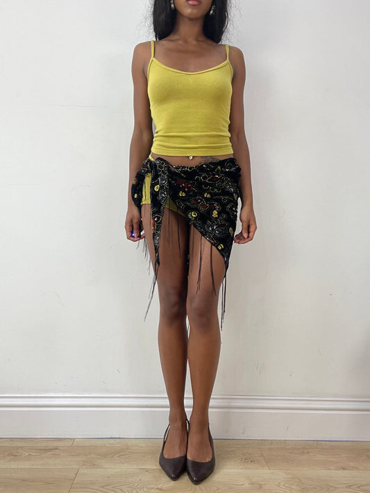 vintage edit twenty-five | one size black wrap skirt with embroidery and tassel detail