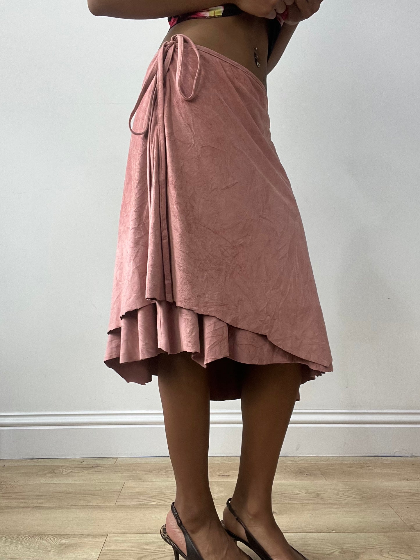 vintage edit thirty-two | medium pink suede style asymmetric midi skirt