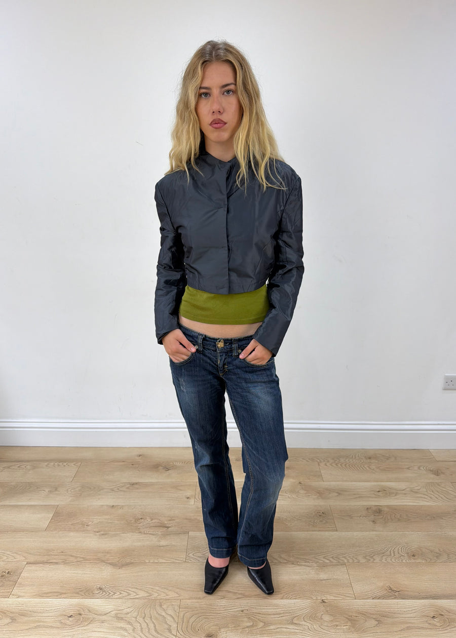 medium blue iridescent cropped jacket