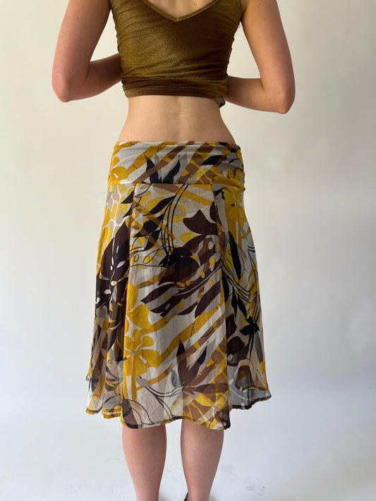 SATC drop | small brown and yellow patterned midi skirt