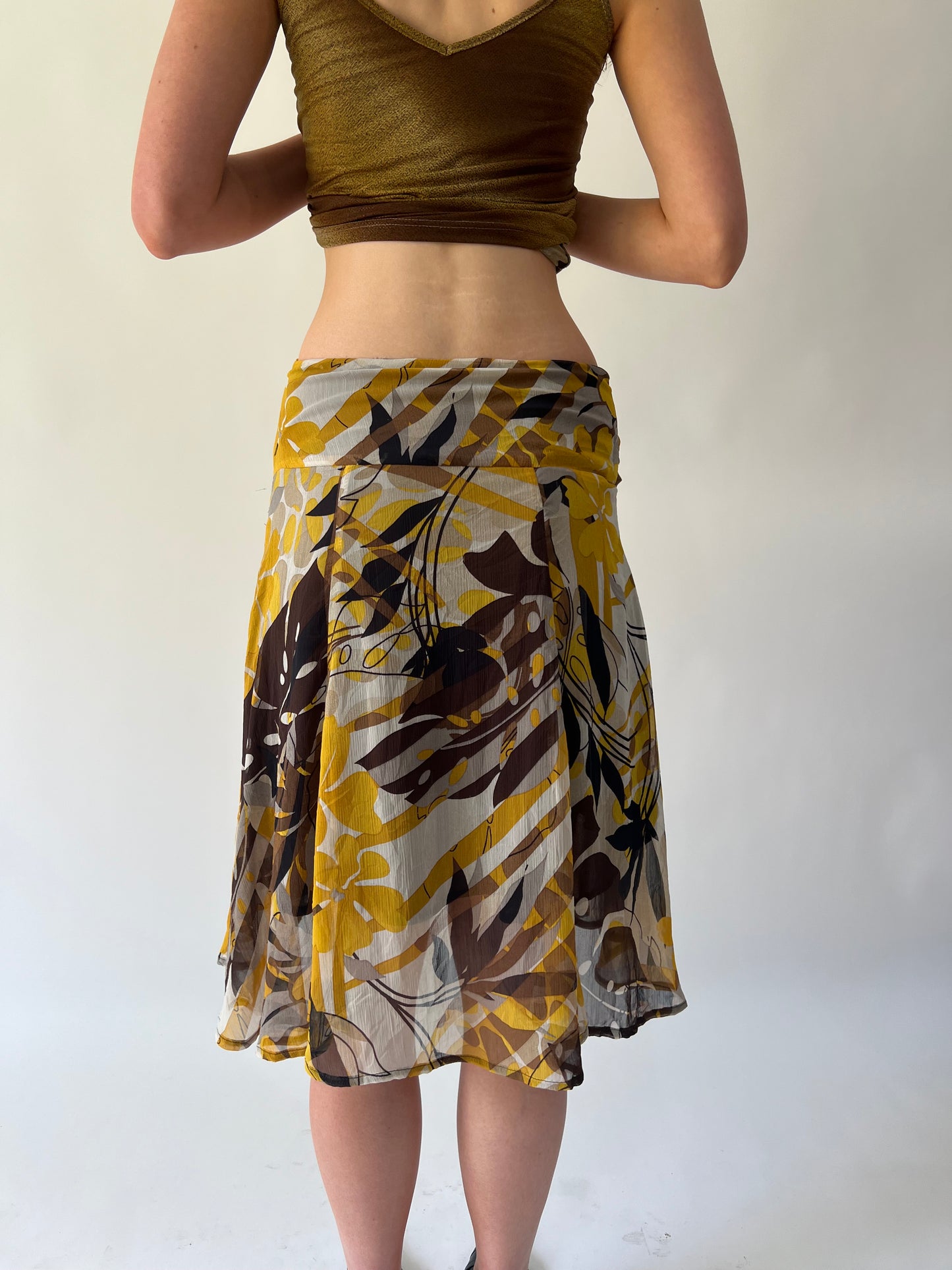 SATC drop | small brown and yellow patterned midi skirt