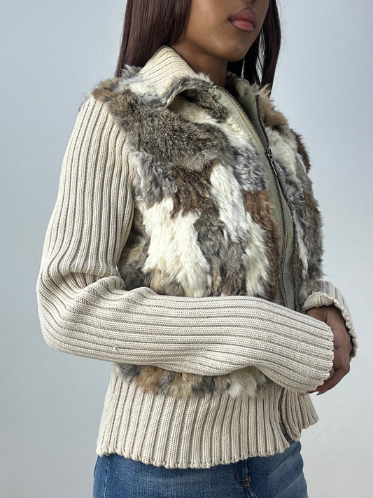 vintage edit thirty-three | medium cream knit zip up jumper with faux fur detail