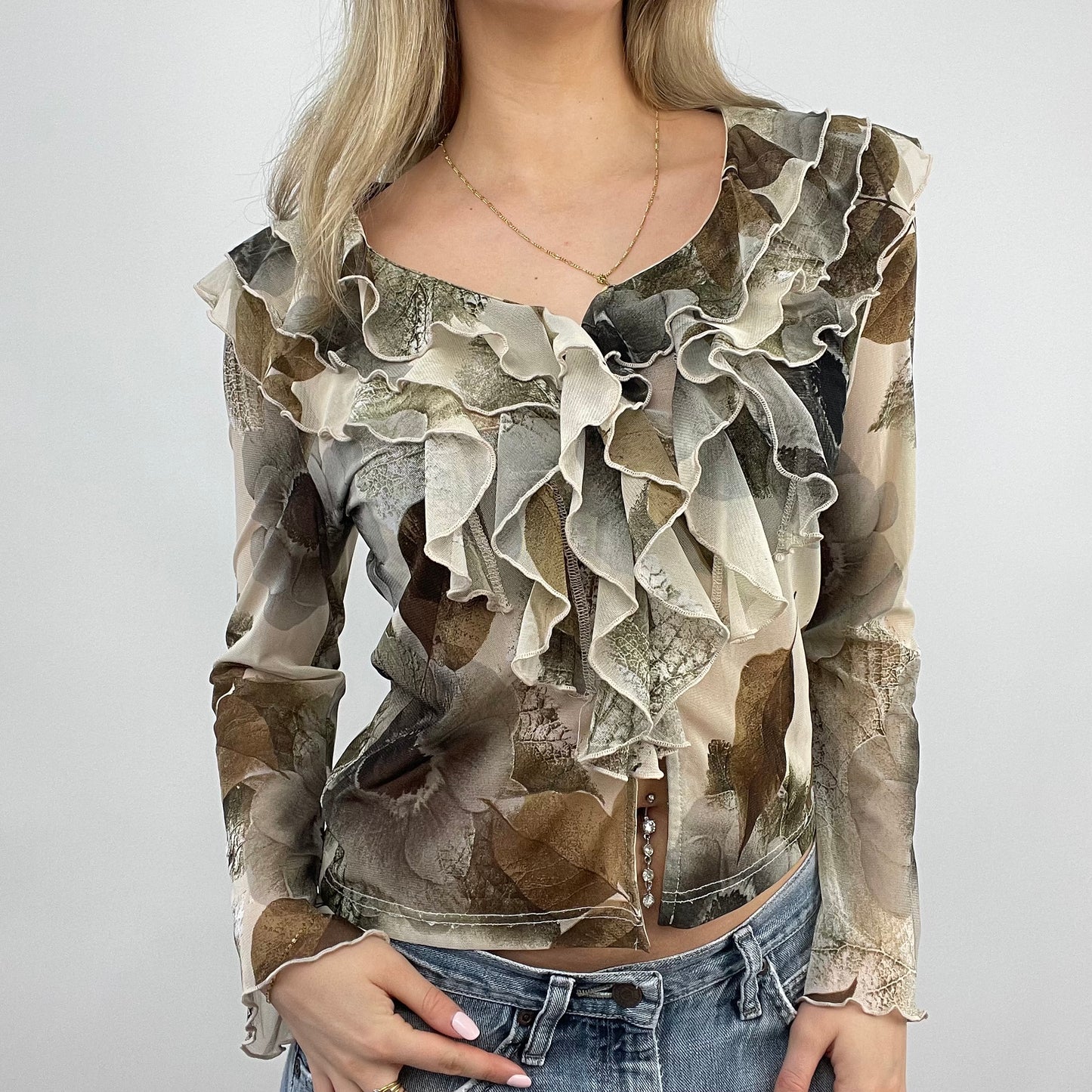 BEST PICKS | small brown and beige mesh patterned long sleeve top with frill detail