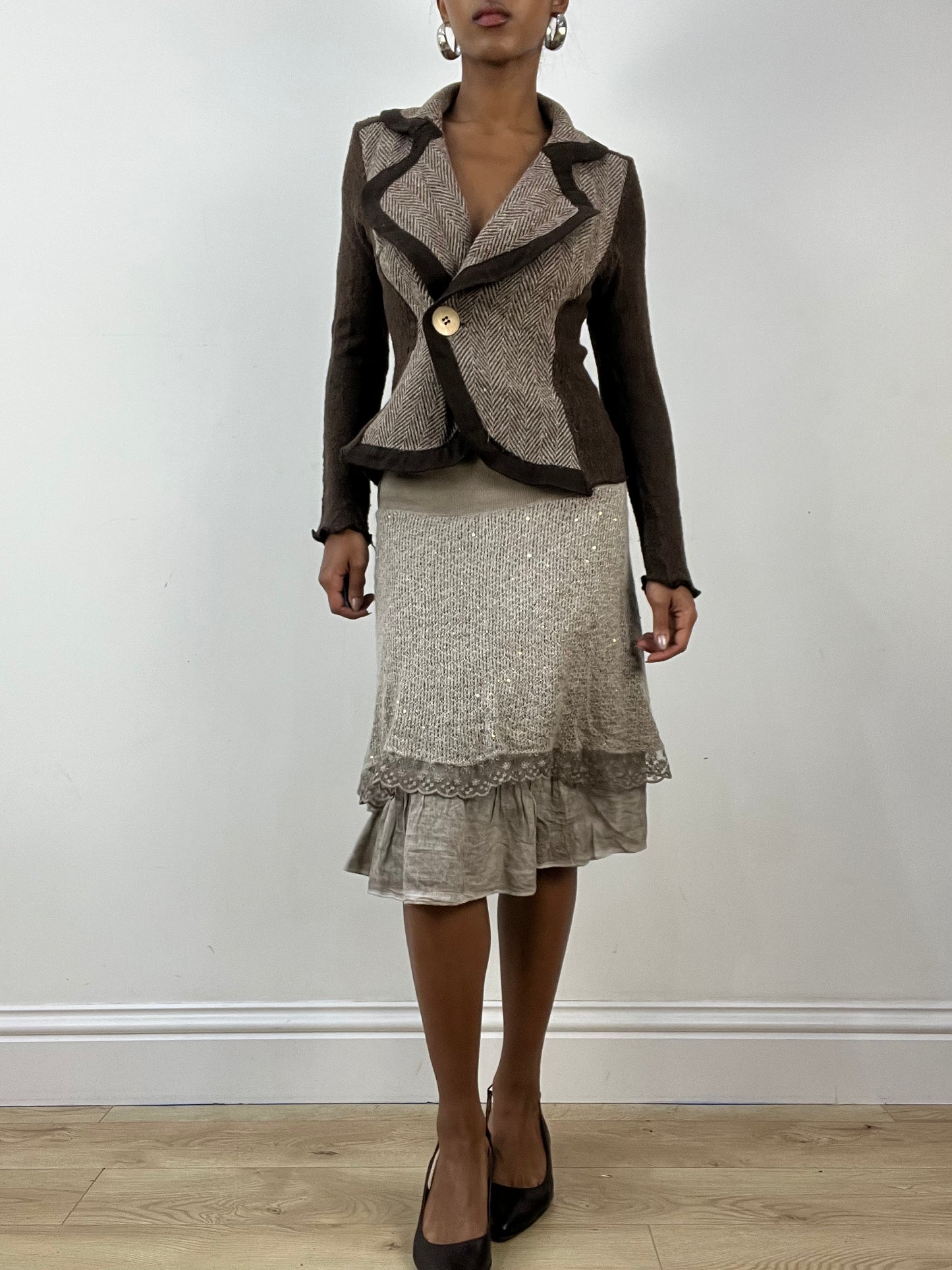 BEST PICKS | extra small brown fitted blazer top with asymmetric button closure