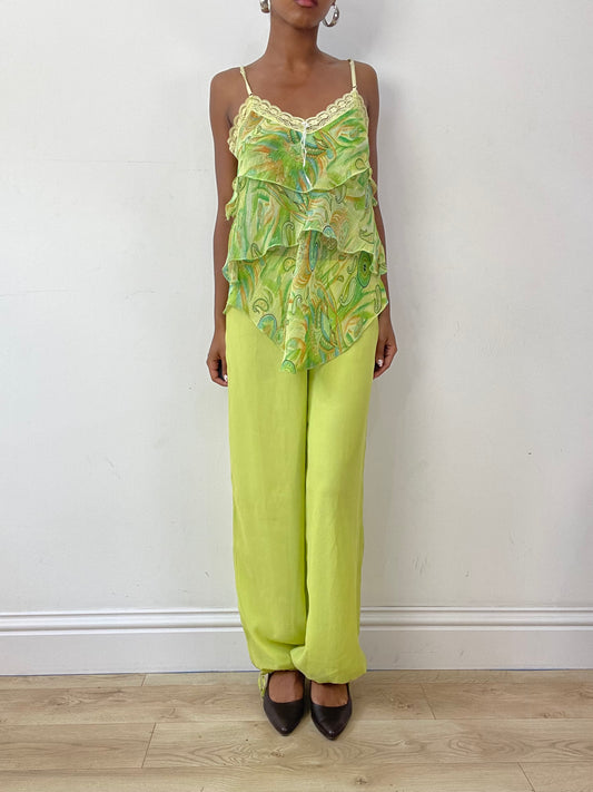 vintage edit twenty-seven | extra small green flowy mesh overlay trousers