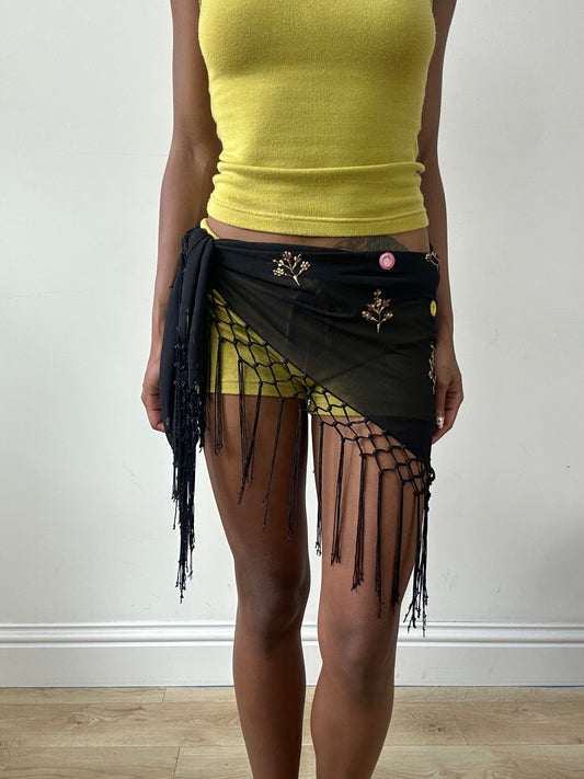 vintage edit twenty-nine | black beach skirt with fringe and floral embroidery
