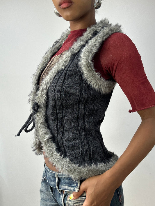 vintage edit thirty-two | small grey knit tie up gilet with faux fur detail
