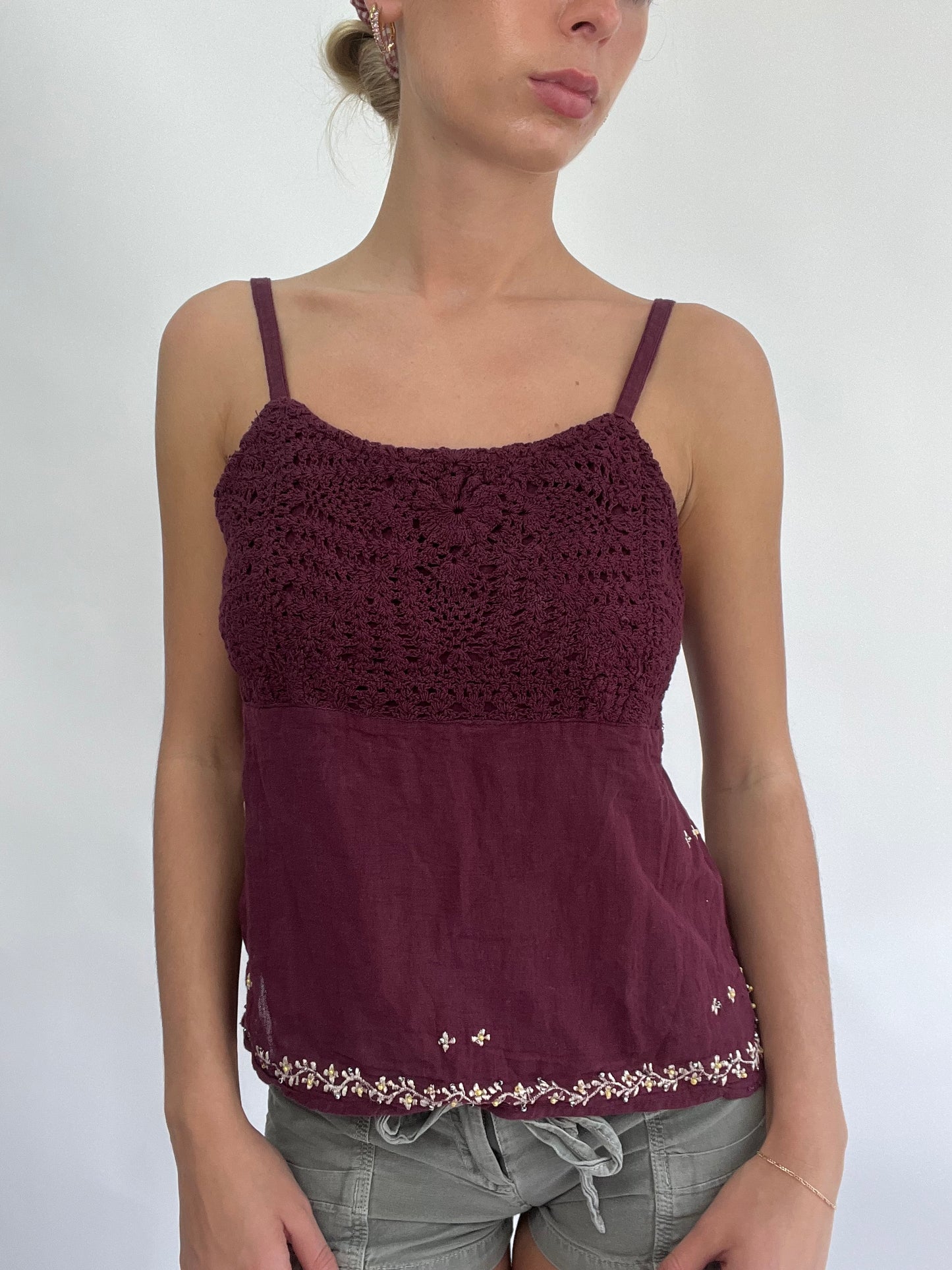 COASTAL COWGIRL DROP | large purple crochet cami with floral embroidery
