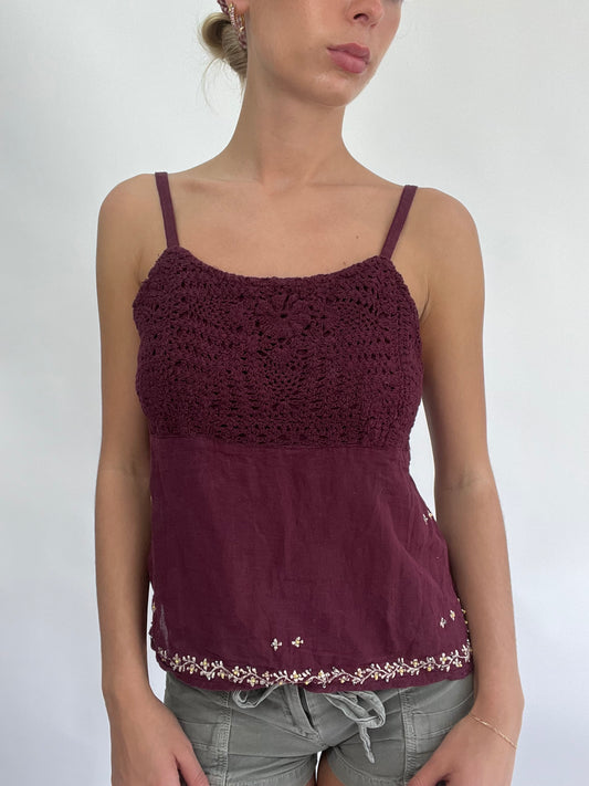 COASTAL COWGIRL DROP | large purple crochet cami with floral embroidery