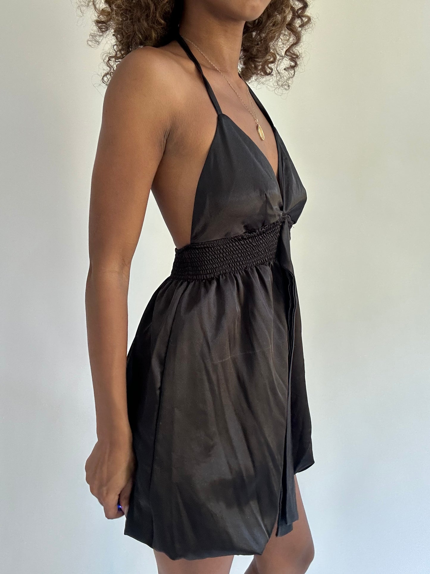 euro trash | small black satin style halter neck mini dress