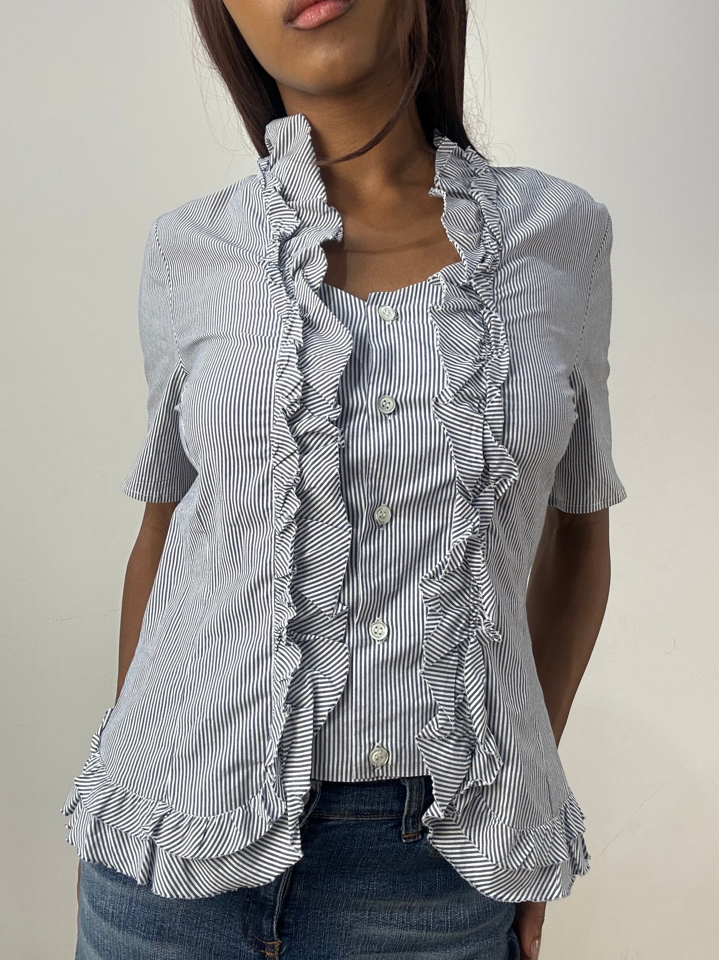 vintage edit thirty-three | medium white and blue pinstripe shirt with ruffle trim