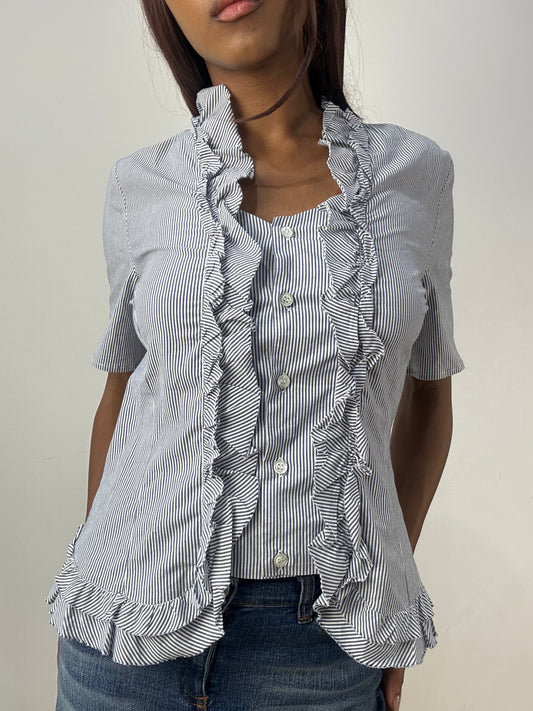 vintage edit thirty-three | medium white and blue pinstripe shirt with ruffle trim