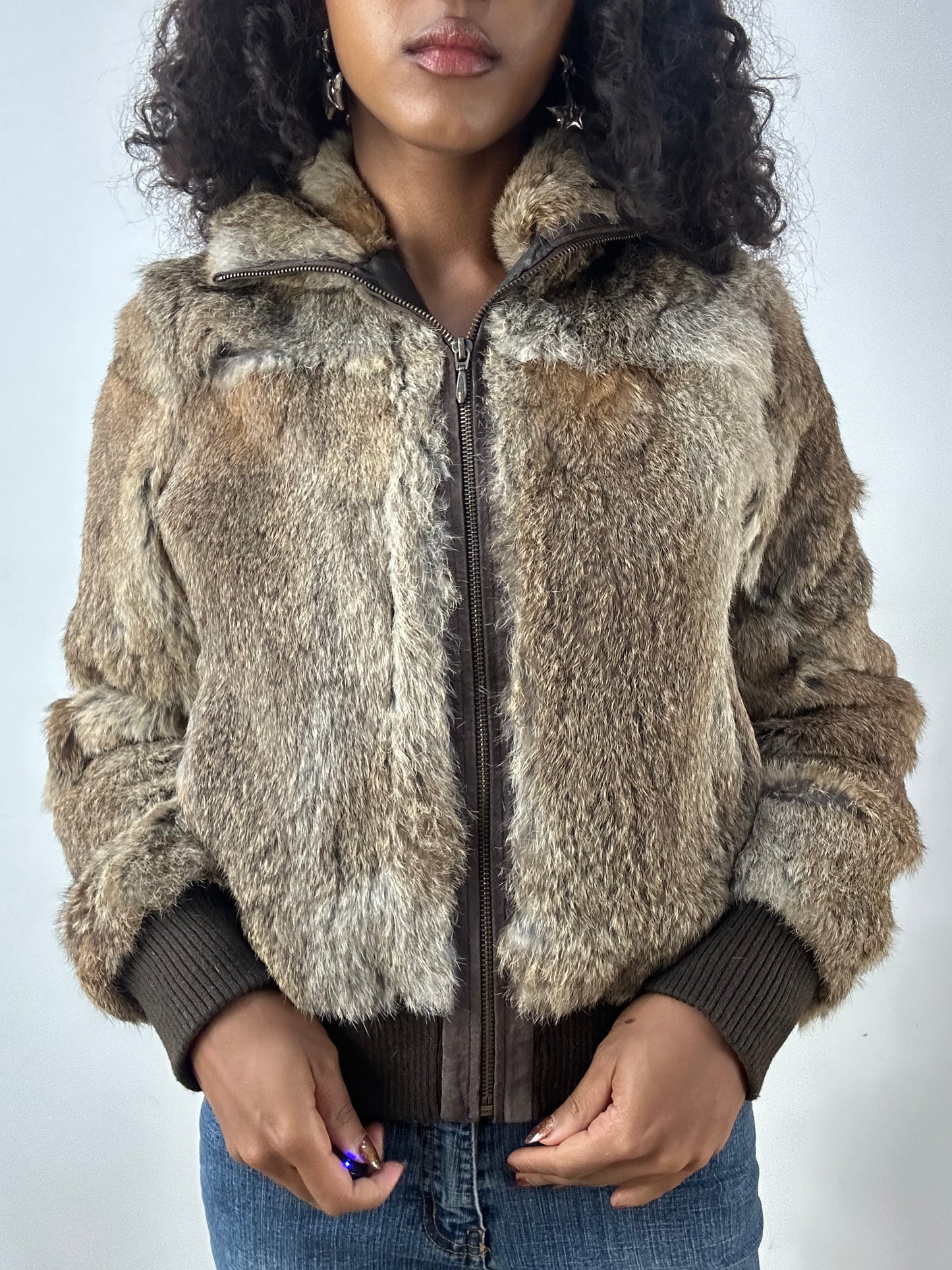 LFW edit | small brown fur zip up bomber jacket