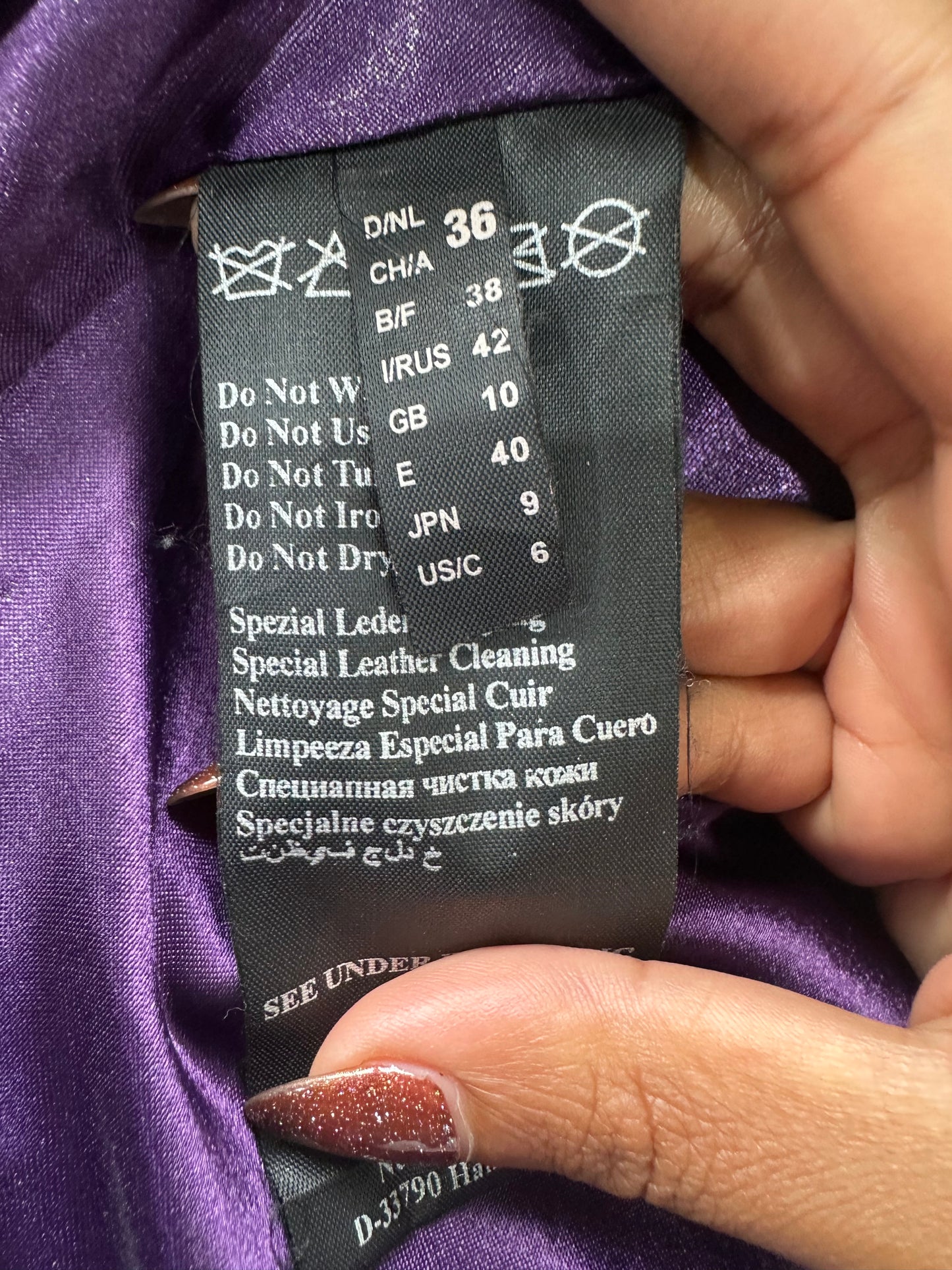 LFW edit | small purple faux leather jacket with silver zip detail