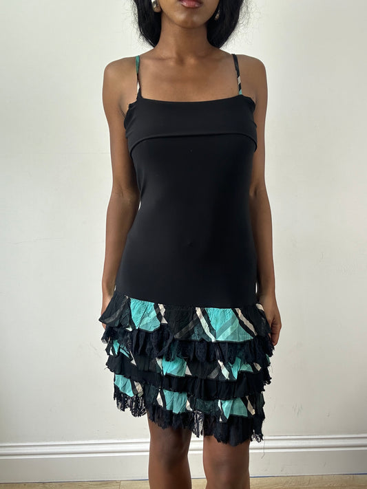 vintage edit: festival | small black and blue mini dress with frilled lace hem