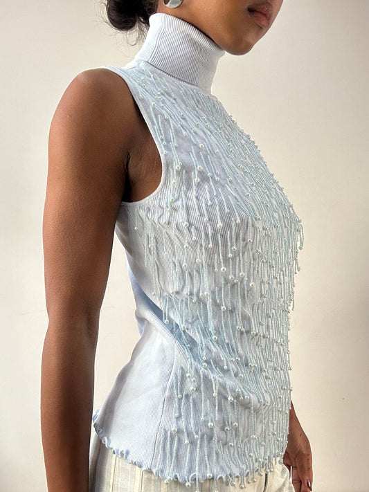 LFW edit | small baby blue sleeveless turtleneck top with beading detail