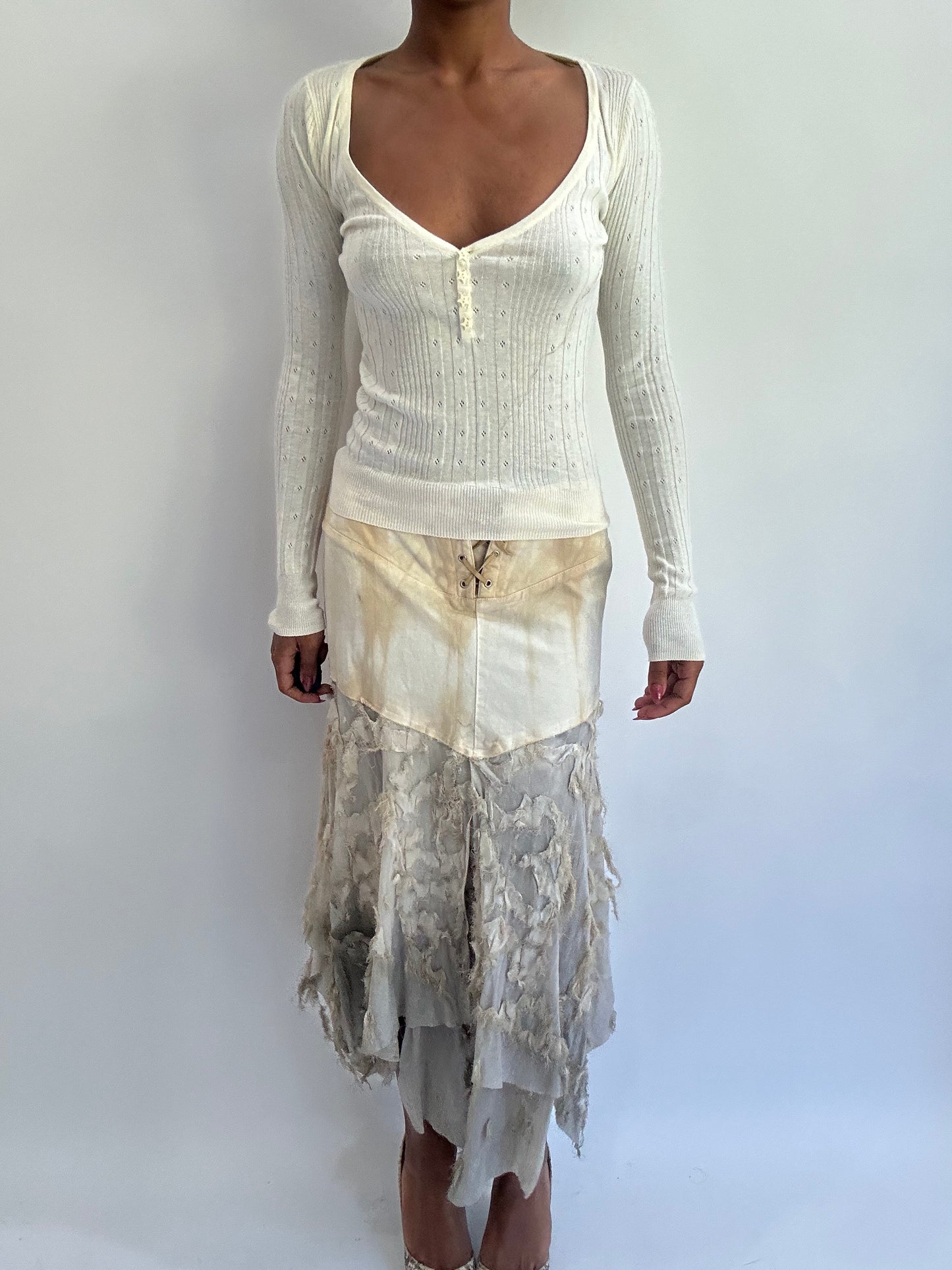 olivia rodrigo drop | small cream lace up asymmetric maxi skirt
