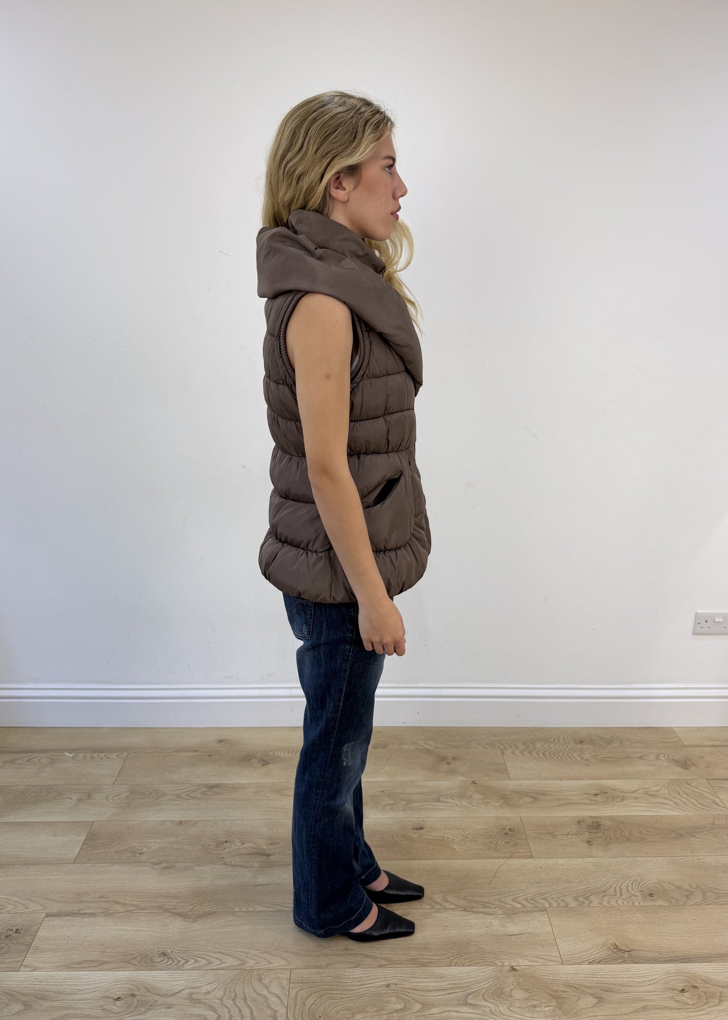 large brown puffer gilet