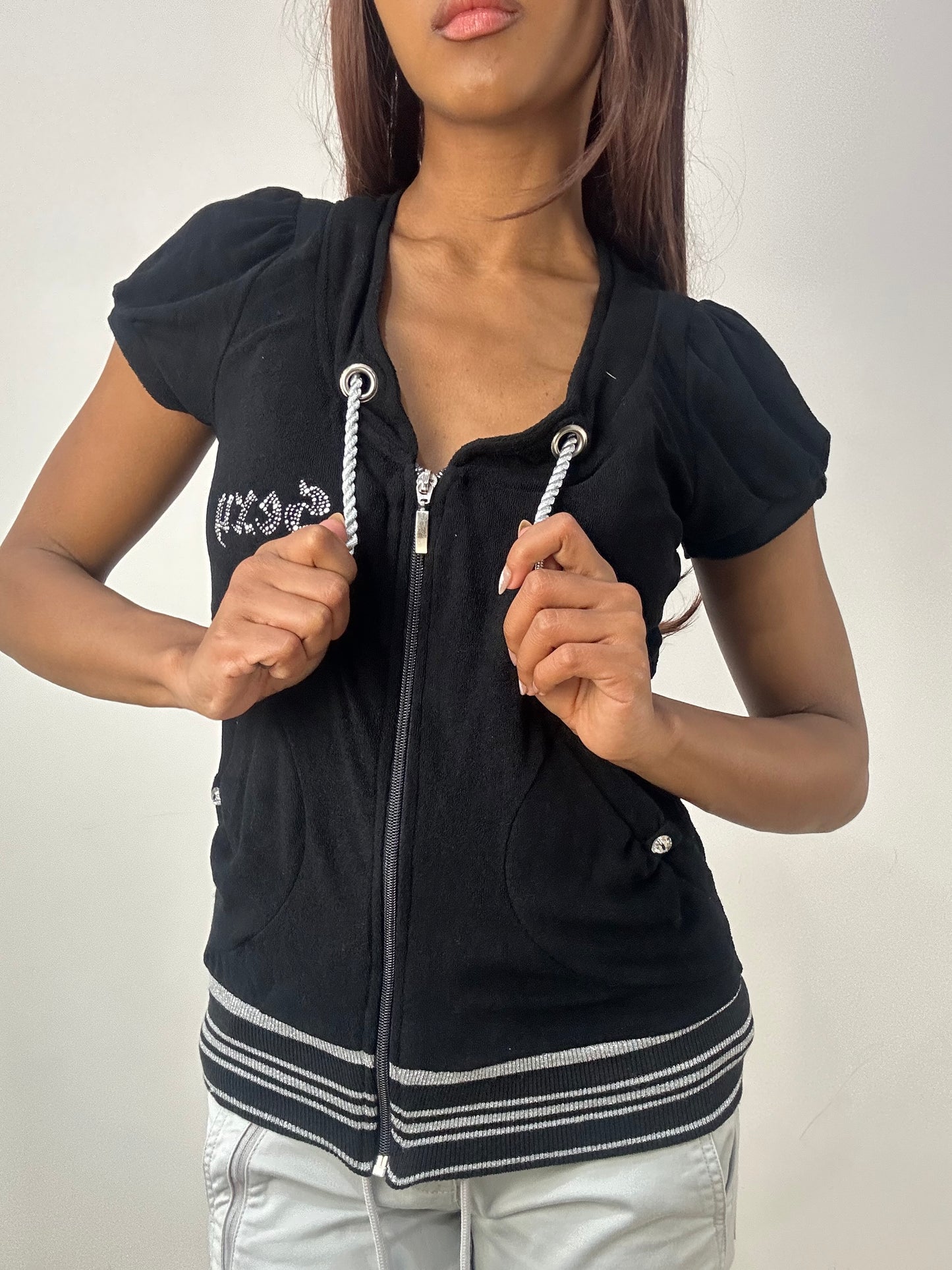 vintage edit thirty-three | small black towelling hoodie with capped sleeves