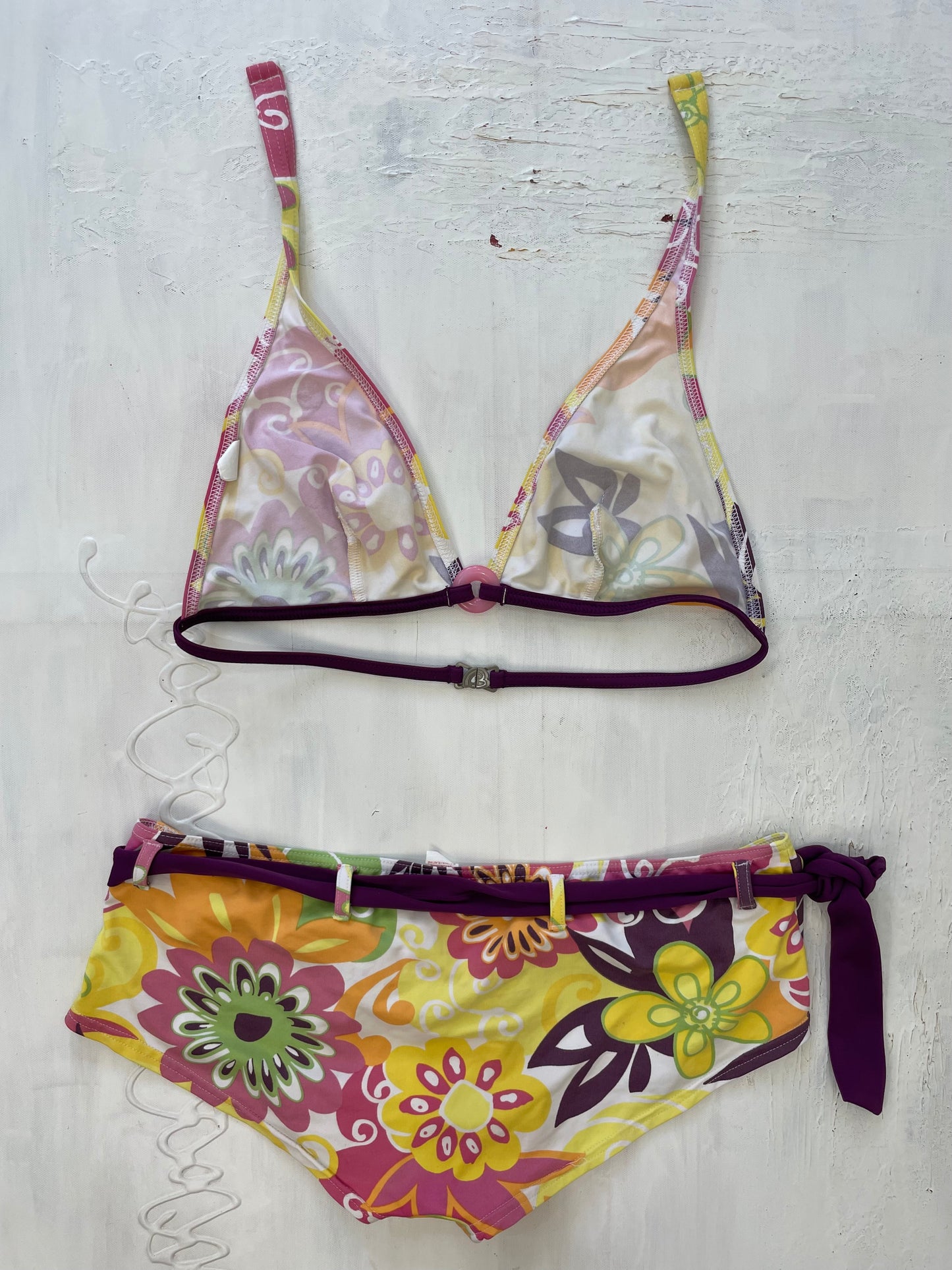 VINTAGE PICKS | small pink and yellow bikini set with mini short bottoms