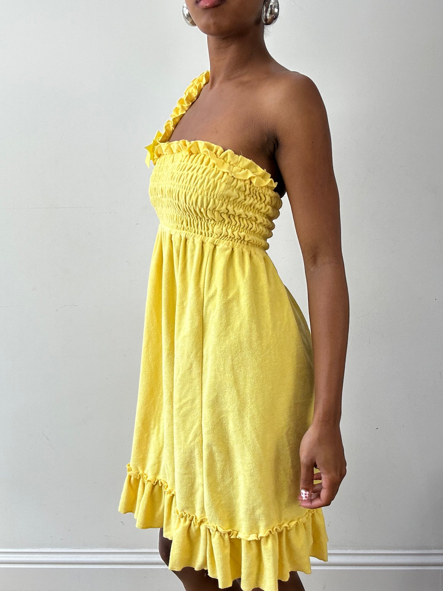 vintage edit twenty-seven | extra small yellow one shoulder towelling mini dress with ribbon detail