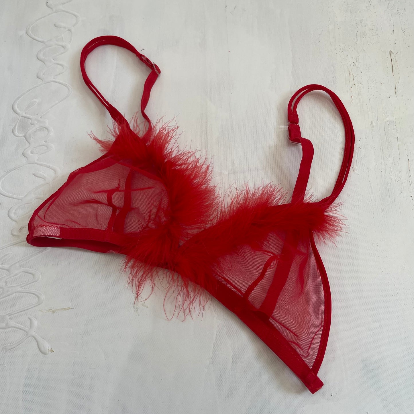 OLIVIA RODRIGO DROP | small red mesh bra with fluffy detail