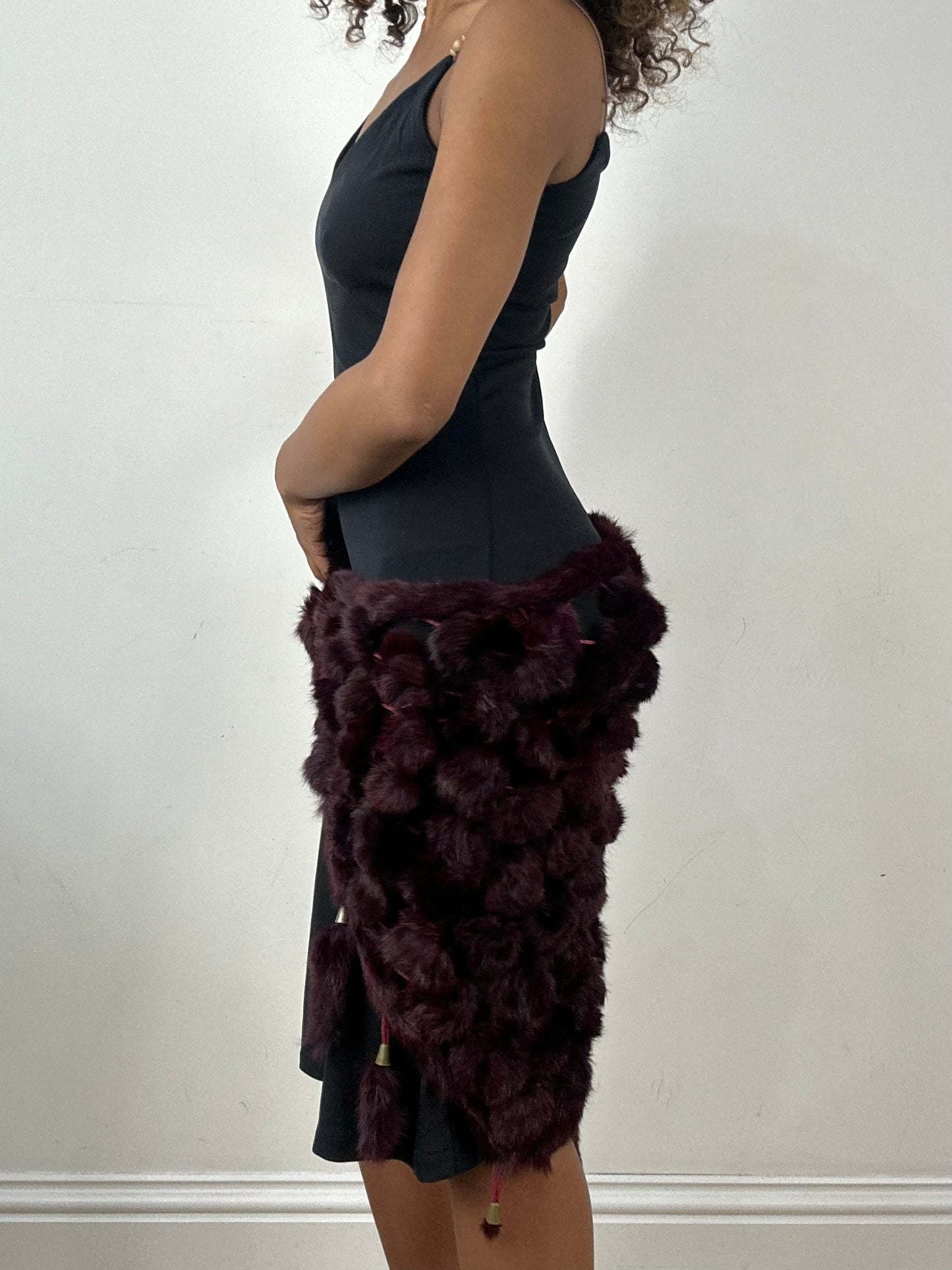 vintage edit thirty-four | small burgundy pom pom faux fur shawl