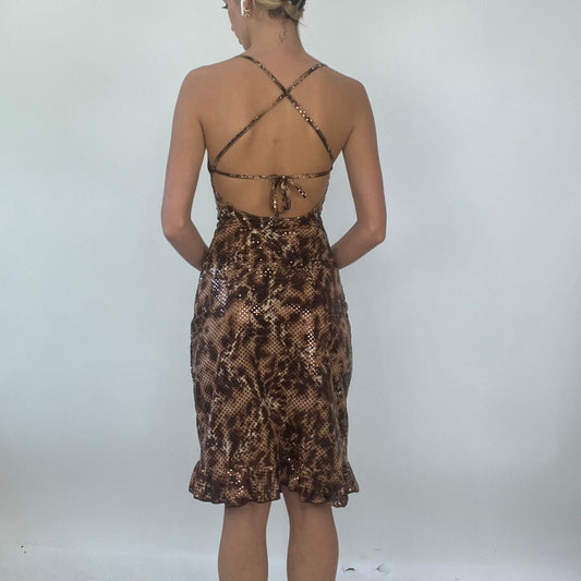 PROM SEASON DROP | small brown backless leopard print animal print midi dress with sequin detail