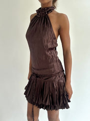 BEST PICKS | small brown pleated halterneck mini dress