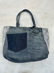 vintage edit: indie sleaze | blue denim tote bag with lace details