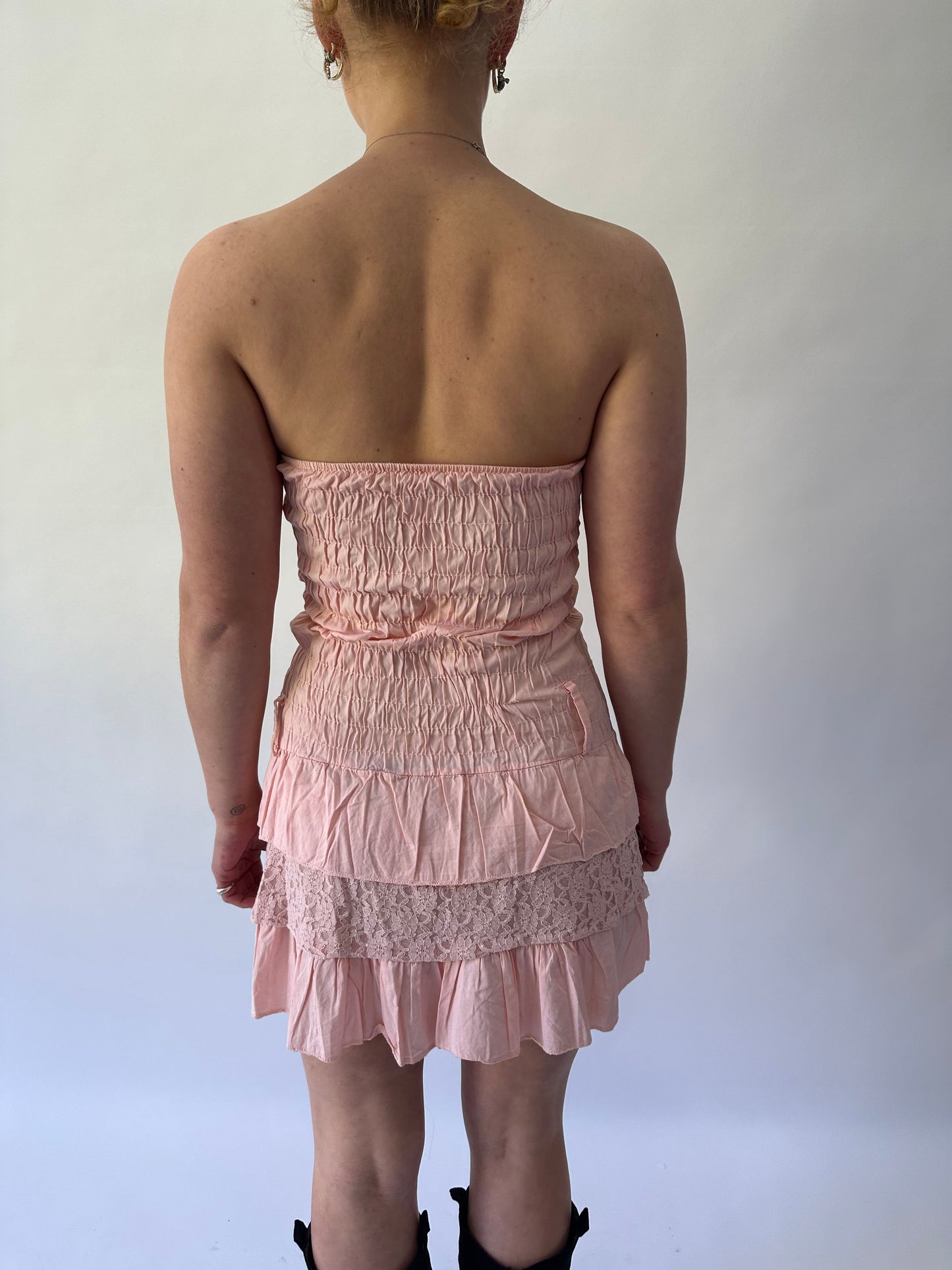 devil wears prada | small pink bandeau ruched ruffle mini dress