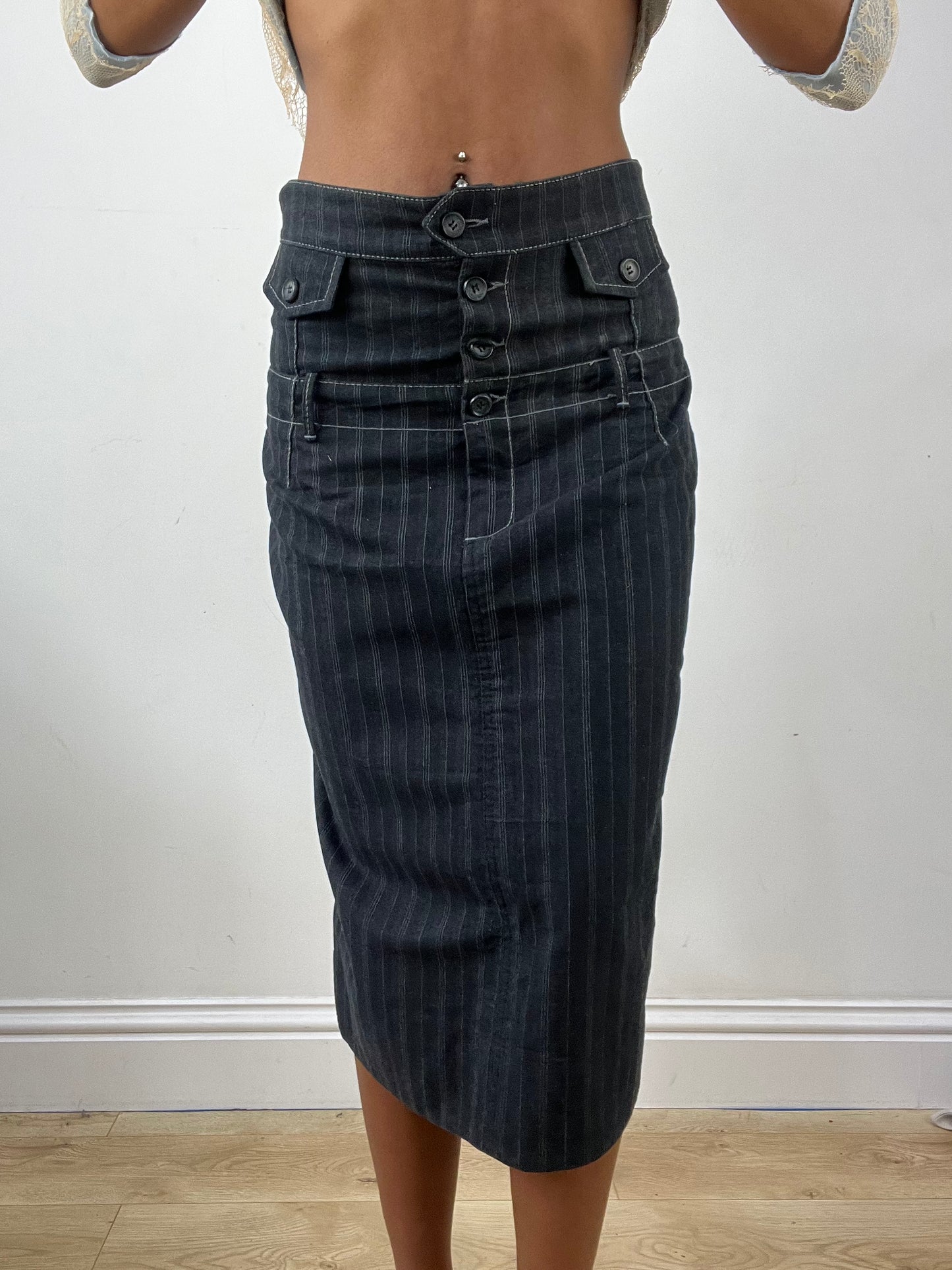 vintage edit thirty-four | small navy midi skirt with pinstripe detail