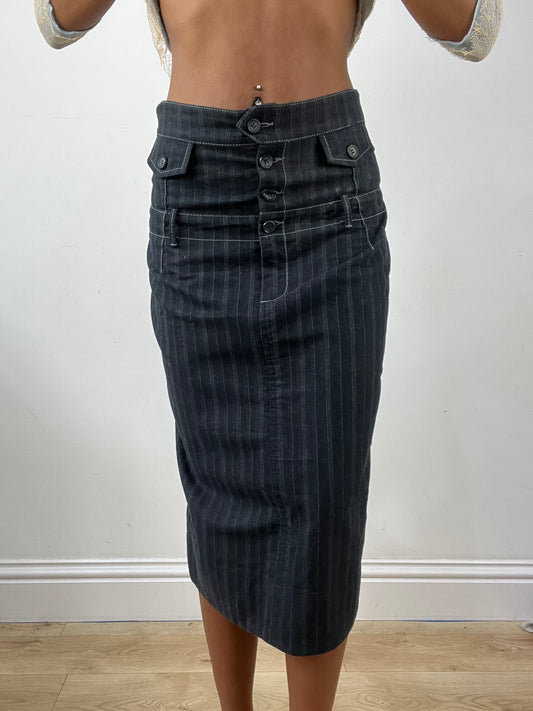 vintage edit thirty-four | small navy midi skirt with pinstripe detail