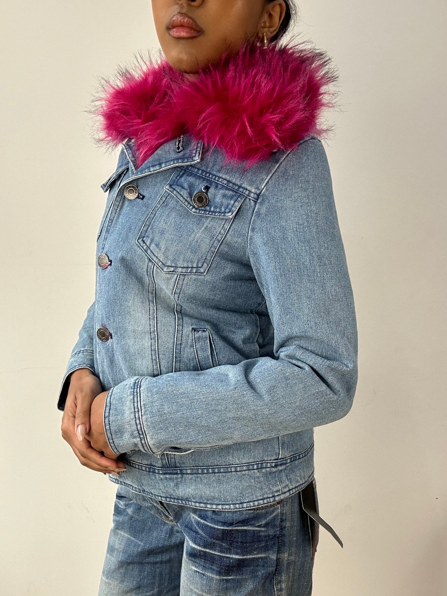 vintage edit fifteen | small denim blue and pink faux fur jacket