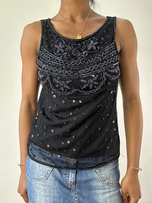 vintage edit twenty-one | small black top with sequin bead details