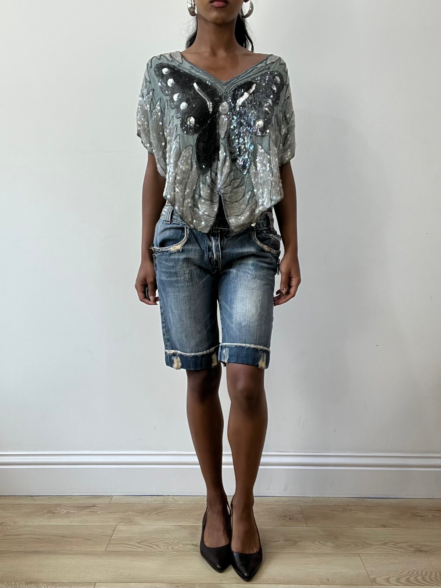BEST PICKS | small grey and blue silk sequin butterfly poncho top